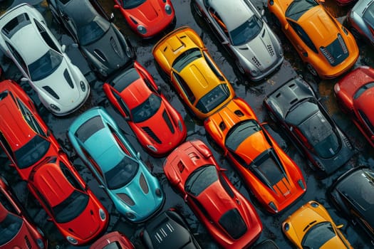 A bird's-eye view of abandoned multicolored old cars.