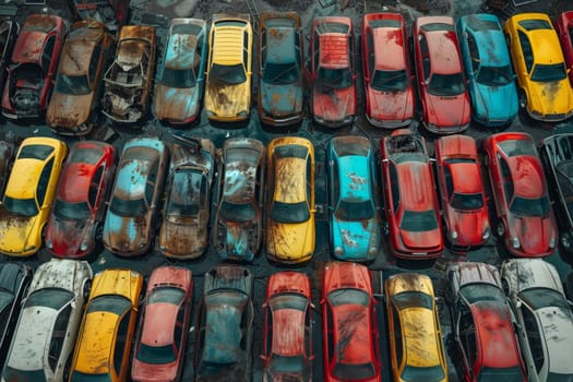 A bird's-eye view of abandoned multicolored old cars.