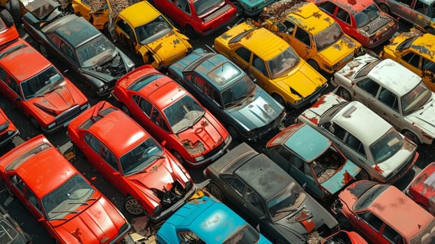 A bird's-eye view of abandoned multicolored old cars.