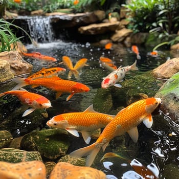 Serene koi pond with vibrant fish, symbolizing tranquility and prosperity.