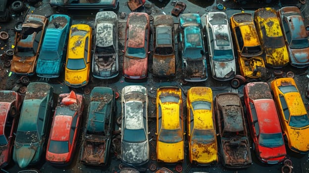 A bird's-eye view of abandoned multicolored old cars.