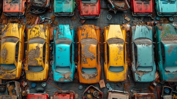 A bird's-eye view of abandoned multicolored old cars.