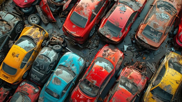 A bird's-eye view of abandoned multicolored old cars.