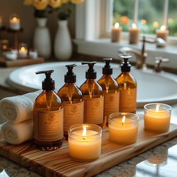 Set of luxury bath products, representing spa and relaxation.