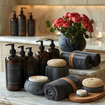 Set of luxury bath products, representing spa and relaxation.