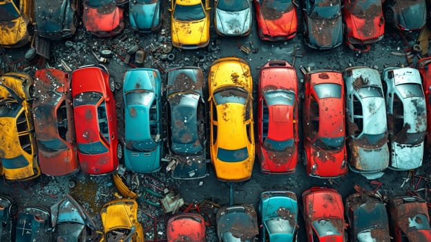 A bird's-eye view of abandoned multicolored old cars.