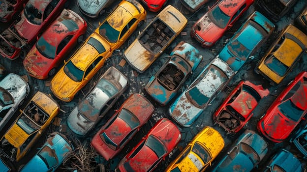 A bird's-eye view of abandoned multicolored old cars.