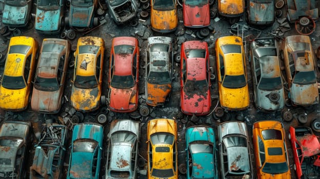 A bird's-eye view of abandoned multicolored old cars.