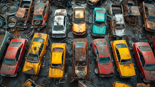 A bird's-eye view of abandoned multicolored old cars.