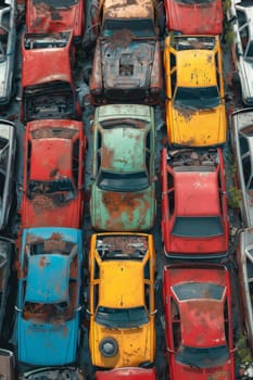 A bird's-eye view of abandoned multicolored old cars.