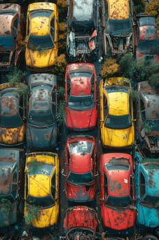 A bird's-eye view of abandoned multicolored old cars.