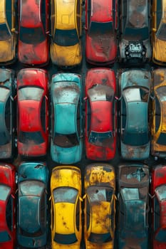 A bird's-eye view of abandoned multicolored old cars.