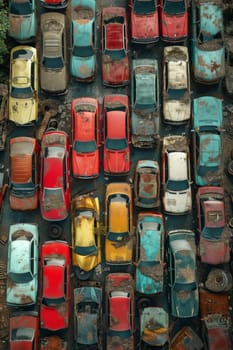 A bird's-eye view of abandoned multicolored old cars.