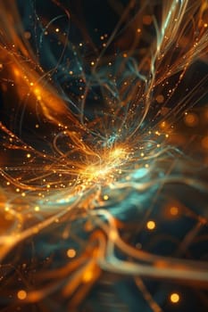 Neural cells with luminous communication nodes in an abstract dark space, 3D illustration.
