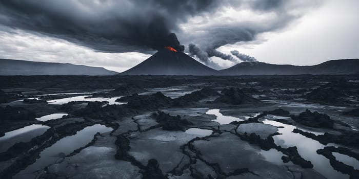 The aftermath of a volcanic eruption with layers of ash covering the surrounding landscape, creating an eerie and monochromatic scene that portrays the devastation caused by the event. Panorama