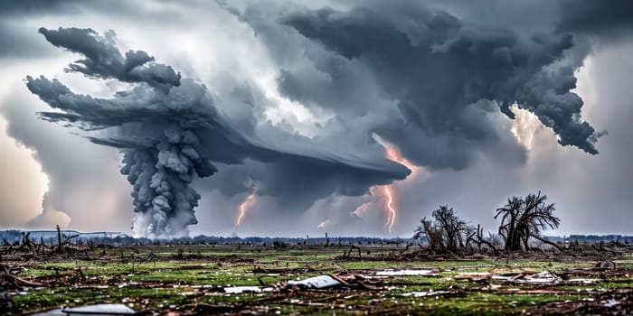 The raw power of a tornado by focusing on its twisting motion as it ravages the landscape, showcasing its destructive force amidst a barren field. Panorama