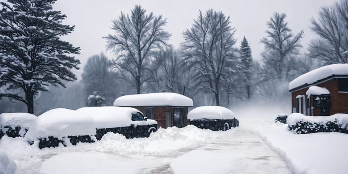 The impact of a severe blizzard with snowdrifts engulfing structures and roads, creating a wintry landscape shrouded in a blanket of white. Panorama