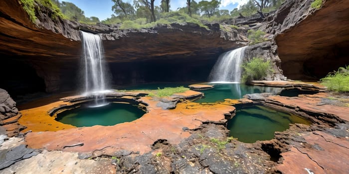 The surreal sight of a sinkhole swallowing up a section of land, showcasing the sudden and dramatic geological event with a focus on the gaping hole and crumbling surroundings. Panorama