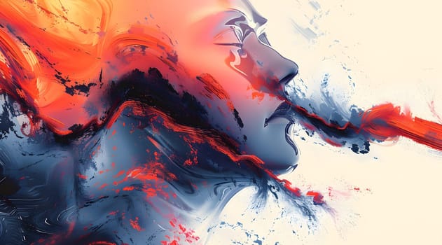 An art piece featuring a womans face painted in electric blue, with smoke pouring out of her mouth, resembling a geological phenomenon or gas event