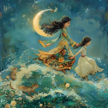 A beautiful painting of a woman holding a little girls hand in a serene landscape, with water and mythical creatures, creating a happy and peaceful atmosphere