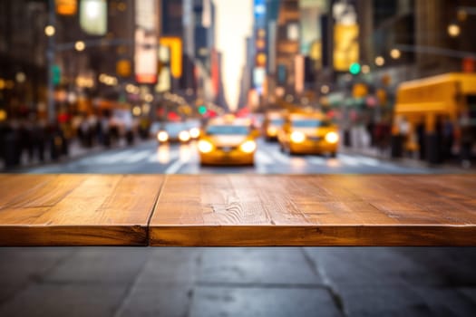 Wood table mockup with New York city street. Copy space for product. Generative AI.