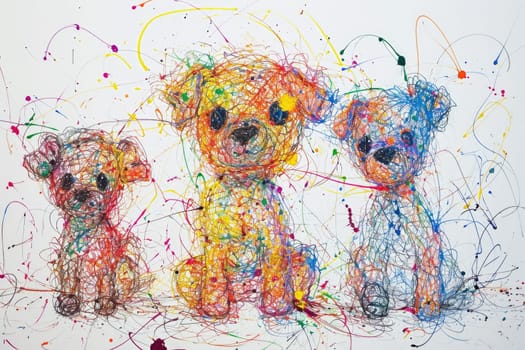 The hand drawing colourful picture of the group of the various type of the dog that has been drawn by the colored pencil or crayon on the white background that seem to be drawn by the child. AIGX01.