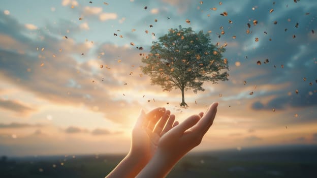 Conceptual image of a tree flourishing from soil held in human hands, symbolizing growth and environmental care. AIG41