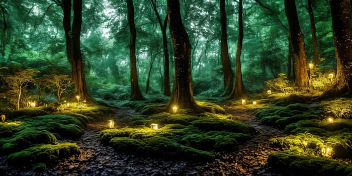 Moonlit Forest Glade. Amidst ancient trees, a moonbeam illuminates a hidden glade. Dew-kissed mushrooms glow softly, and fireflies dance in the night. Ethereal beauty of this mystical meeting place.