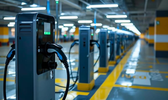 A row of electric car charging stations are lined up in a parking lot. Generative AI.