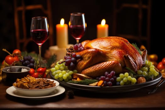 roasted turkey with vegetables and herbs is a traditional dish for thanksgiving or Christmas day. AI generative.