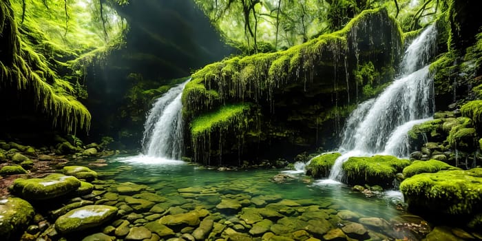 Enchanted Waterfall. A waterfall cascades down moss-covered rocks, revealing a secret grotto behind its veil. Crystal-clear water sparkles with hints of magic, and colorful flowers bloom along the banks.