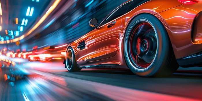 A car is speeding down a road with a bright orange color. Generative AI.