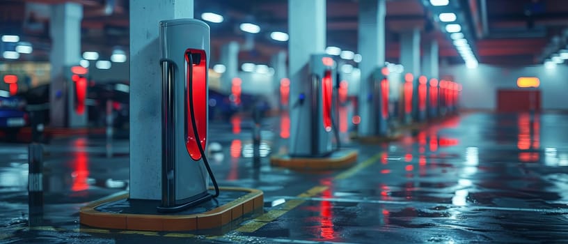 A parking lot with electric car charging stations. Generative AI.