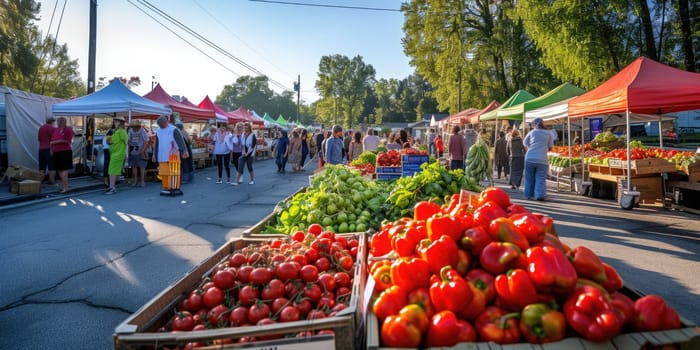 An early morning farmers market scene, bustling with vendors and customers, fresh produce on display, capturing the essence of local commerce and community. Resplendent.