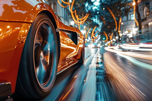 A car is driving down a street at night with a bright orange color. Generative AI.