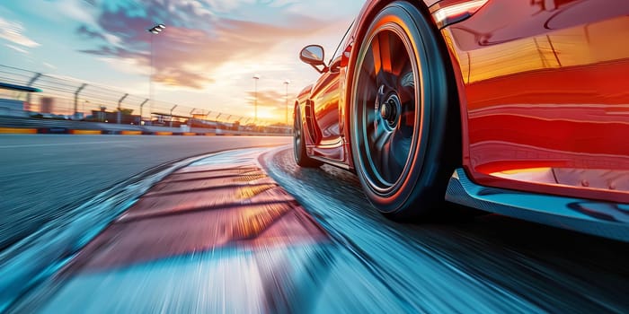 A red sports car is speeding down a track. Generative AI.