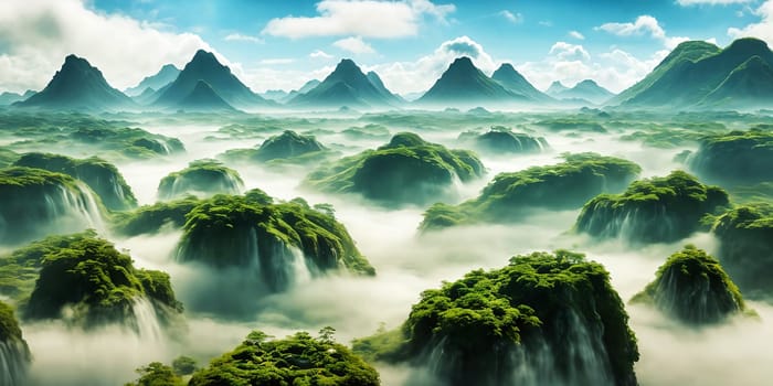 Floating Isles. Above a sea of clouds, islands drift like dreamscapes. Each is a miniature world, lush forests, waterfalls, and floating gardens. The sky holds its breath, and rainbows weave through the mist.