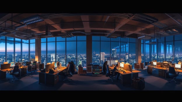 A gathering of individuals occupies office desks in a building during nighttime. The room features water fixtures, tables, and glass elements. AIG41