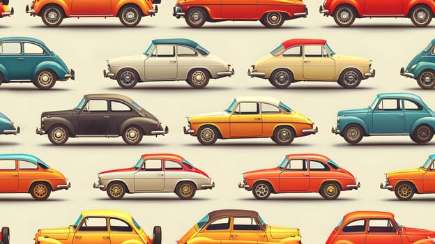 An array of diverse cars, ranging from yellow to toy cars, are neatly parked in a row. Each car represents a different make and model, showcasing a variety of wheel and tire designs