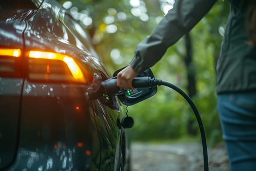 A person is charging their electric car in a forest. Generative AI.