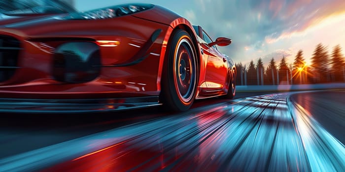 A red sports car is speeding down a wet road. Generative AI.