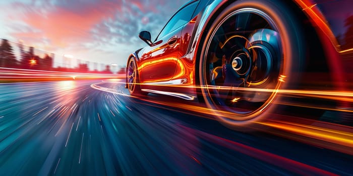 A car is speeding down a road with a bright orange wheel. Generative AI.