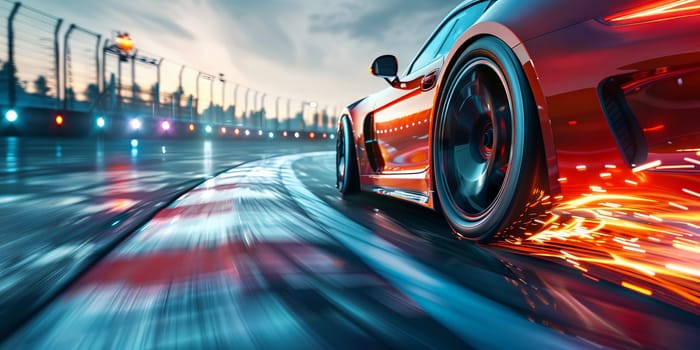 A red sports car is speeding down a wet track. Generative AI.