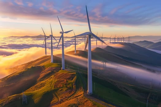A group of wind turbines are on a hillside, with the sun setting behind them. Generative AI.