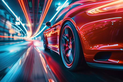 A red sports car is speeding down a road with neon lights in the background. Generative AI.