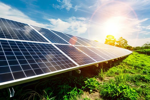 A solar panel farm with a bright sun shining on it. Generative AI.