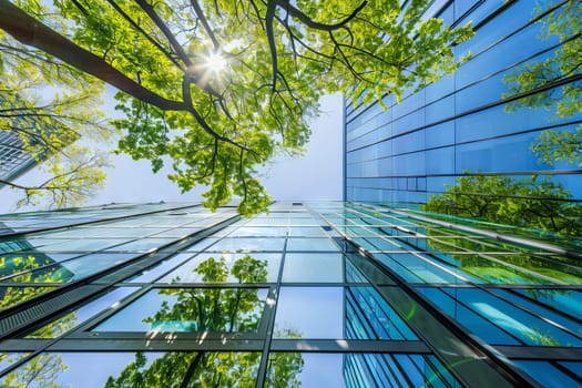 A tree is reflected in the windows of a tall building. Generative AI.