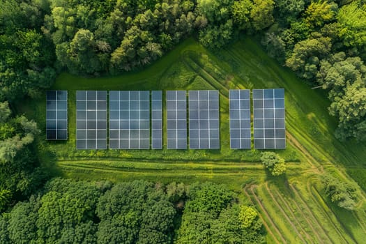 A large field of solar panels is shown from above. Generative AI.