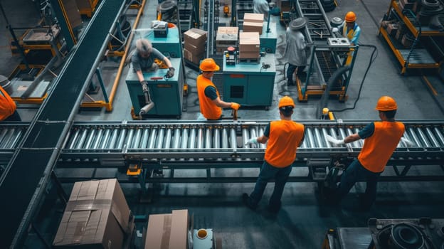 A group of men are engaged in mass production on a conveyor belt in a factory, utilizing machines and engineering skills. AIG41