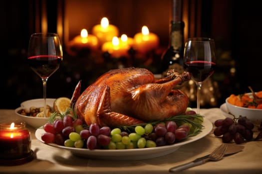 roasted turkey with vegetables and herbs is a traditional dish for thanksgiving or Christmas day. AI generative.